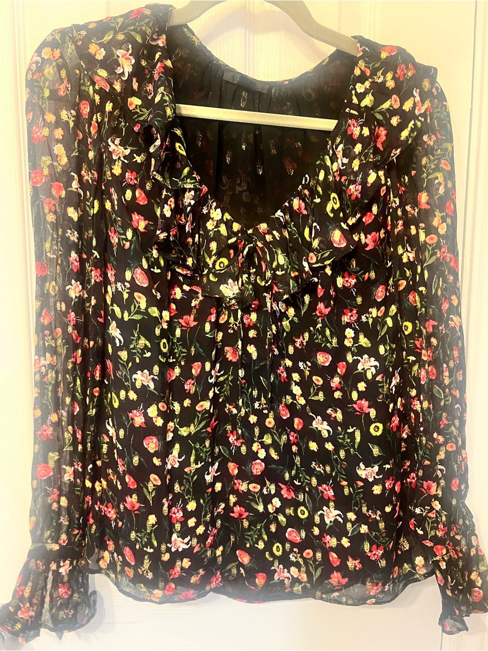 J. Crew Sheer Black Floral Ruffle Neck Women's Blouse, Size XS